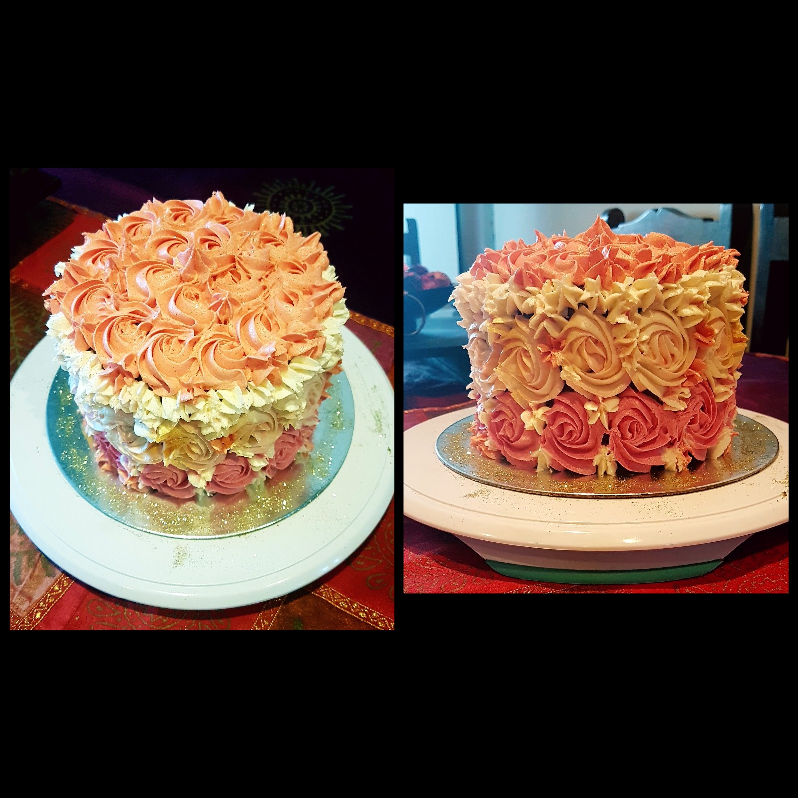 A 3 layered chocolate cake with buttercream of rose swirls..ugadi special!